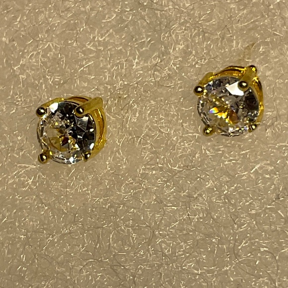 Sterling Silver Gold Color Stud Earrings with a clear stone - Picture 1 of 5